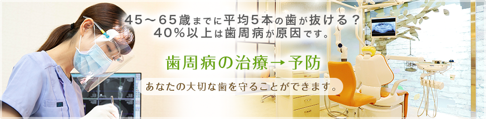 45～65歳までに平均5本の歯が抜ける？40%以上は歯周病が原因です。歯周病の治療→予防 あなたの大切な歯を守ることができます。